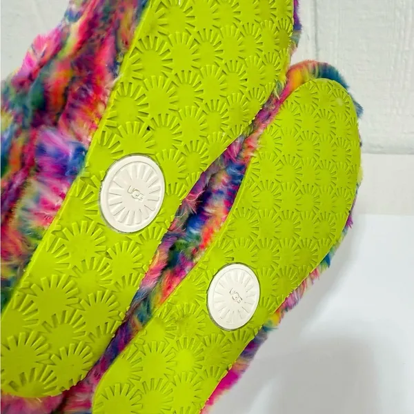 UGG Multicolor Fluffy Slippers with Lime Strap - Image 7