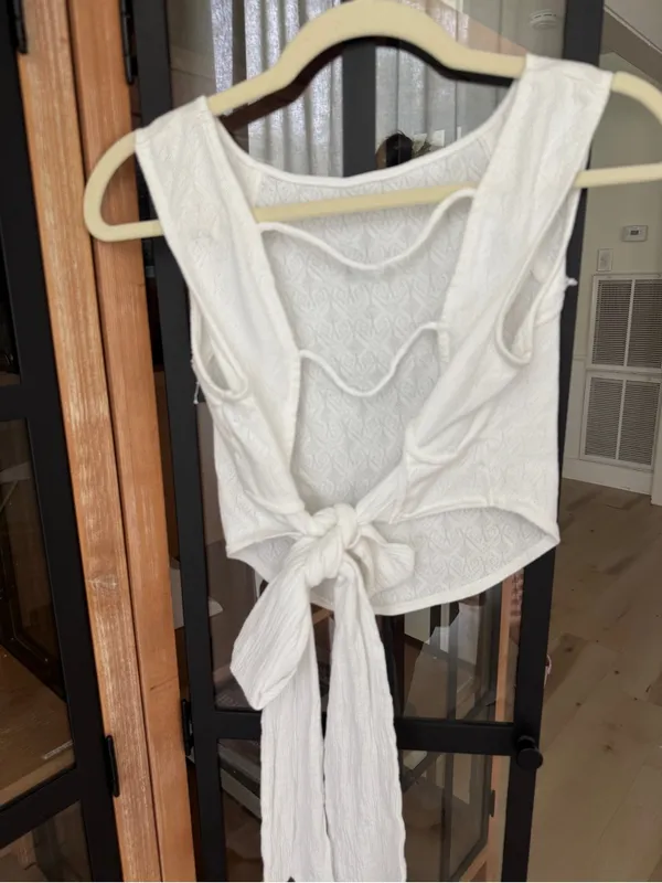 Free People pointelle tie bow open back top cap sleeve cotton - Image 3