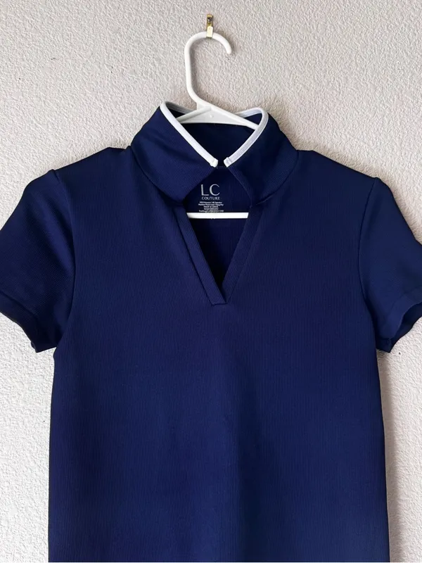 Navy Short-Sleeve Polo Top with Contrast Trim - Image 3