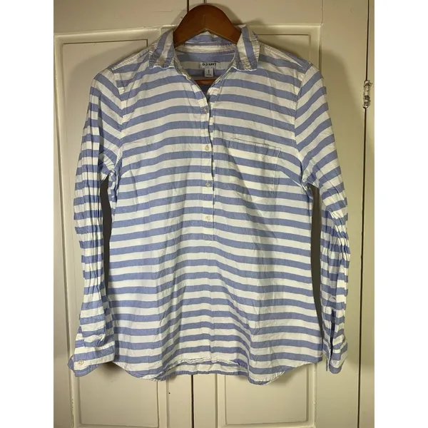 Old Navy Top Womens Medium Blue Striped Oxford‎ Popover Tunic Coastal Preppy - Image 3