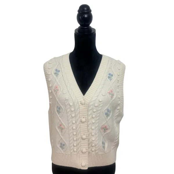 Paris Atelier & Other Stories Cream Floral Embroidered Cable Knit Vest M Preppy - Image 2