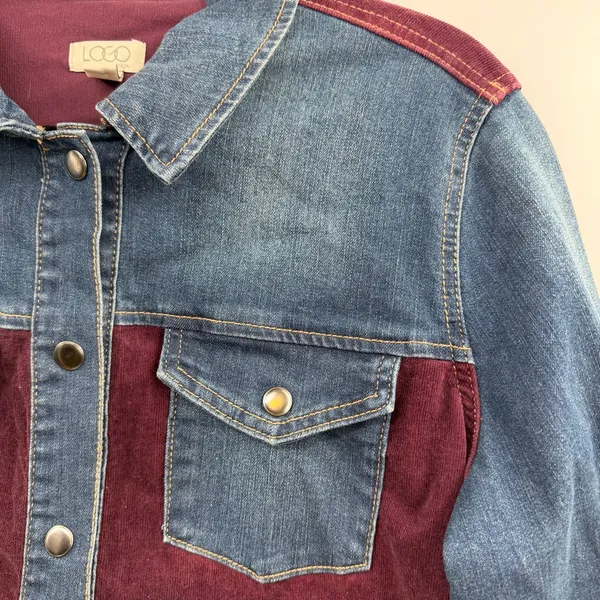LOGO By Lori Goldstein Denim Corduroy Jacket S Burgundy Colorblock Boho Western - Image 2