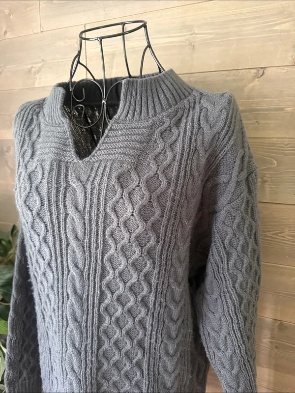 Cable Knit V-Slit Turtleneck Sweater in Gray - Image 3