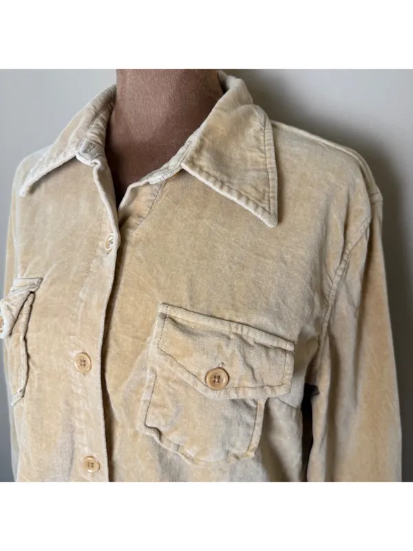 Vintage Y2K Gap Velvet Button Down Shirt Womens Large Tan Retro Top 100% Cotton - Image 3