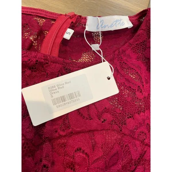 Anette NWT Small Red Wine Lace Dress High Low Hem Sheer Sleeves Lined - Image 3
