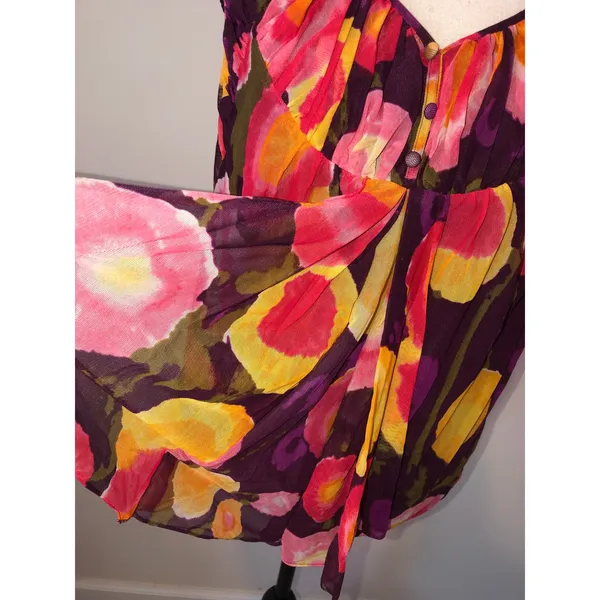 August Silk Mesh Top Size L Abstract Floral Red Purple Y2K Buttons Tank Babydoll Flowy Cool - Image 4