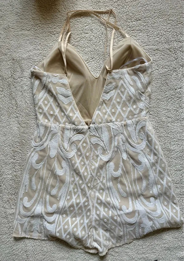 Lulus White Sequin Romper Nude Lining Size L NWT Bridal Party Bachelorette - Image 4