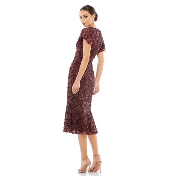 Mac Duggal Sequin V Neck Flutter Cap Sleeve Trumpet Dress Garnet‎ NWT - Image 2