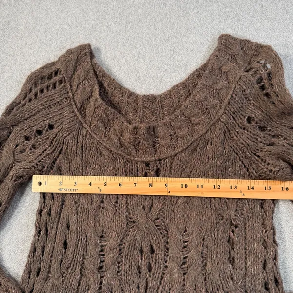 Free People Open Knit Off Shoulder Tunic Sweater Women's Large Brown Long Sleeve - Image 7