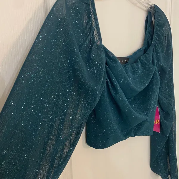 Fairygrunge Mesh Emerald Sheer Sparkle Ruched Long Sleeve Crop Top‎ Size S - Image 3