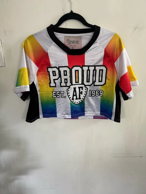 Spencer's Rainbow Striped 'PROUD AF' Cropped Sport Top - Image 2