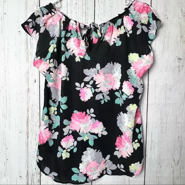 Lauren Conrad Women's Floral Print Tie Back Pleated Neck Blouse Sz M - Image 3