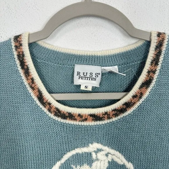 Russ Petites Blue Sweater Vest Women's Size S Floral Motif Leopard Trim‎ Knit - Image 3