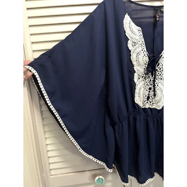 Heart Soul Navy Chiffon Crochet Hem Butterfly Sleeve Blouse Size L Lace Elastic - Image 4