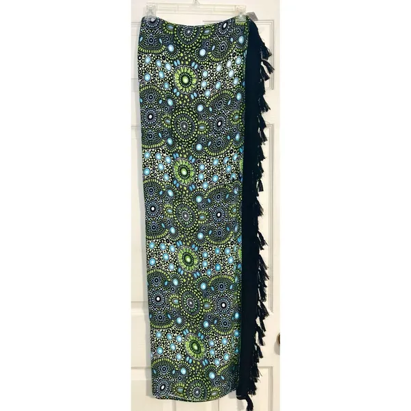 Wayan Natural Wear Sarong Cover Up Lime Green Blue Mandala Fringe Scarf Festival - Image 5