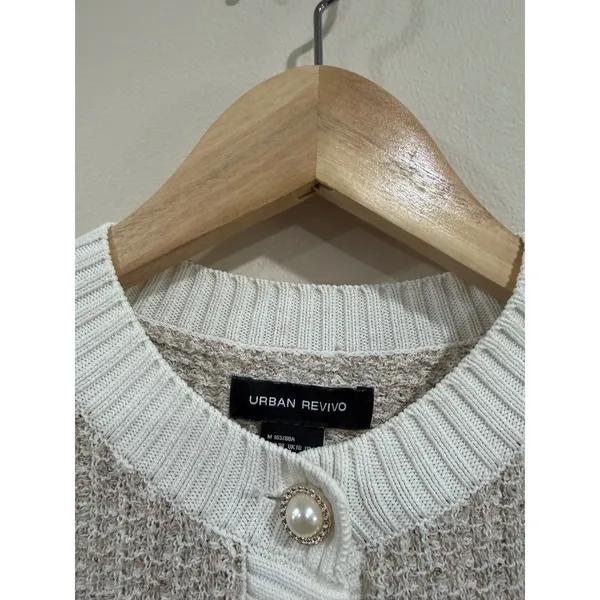 Urban Revivo Prep Short Sleeve Pearl Button Cardigan Sweater Beige White Medium - Image 4