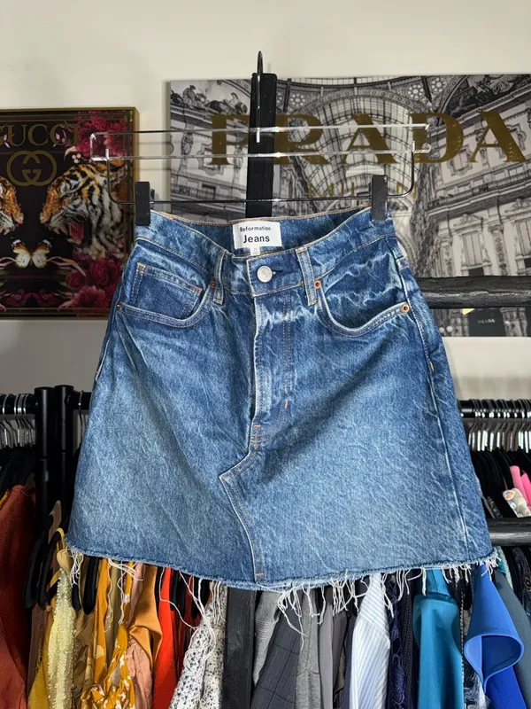 Reformation Nina Denim Mini Skirt High Rise Frayed Hem Blue Wash Womens 25 EUC - Image 6