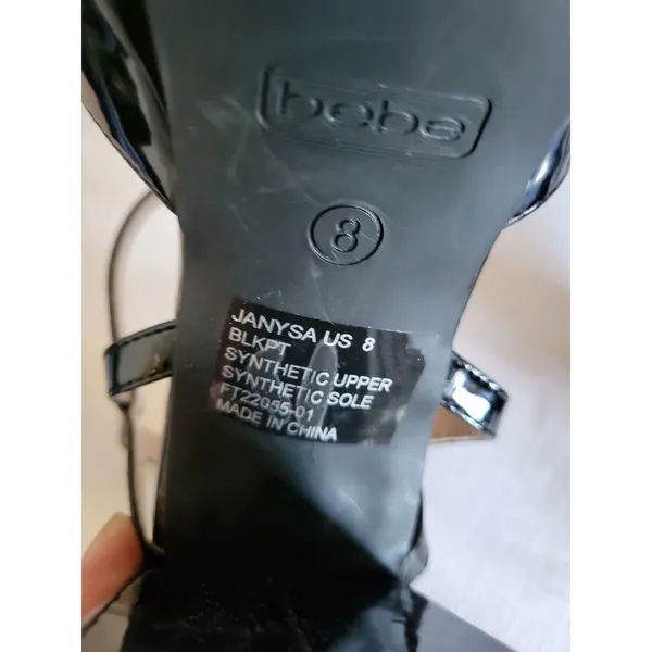 Bebe Women’s Chunky High Heel Shiney Black Ankle Strap Sz 8 Gold Buckle - Image 6