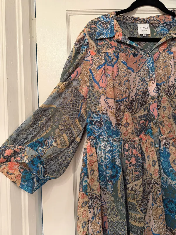 Misa Los Angeles Multicolor Paisley Tiered Mini Dress in Blue, Pink & Cream - Image 2