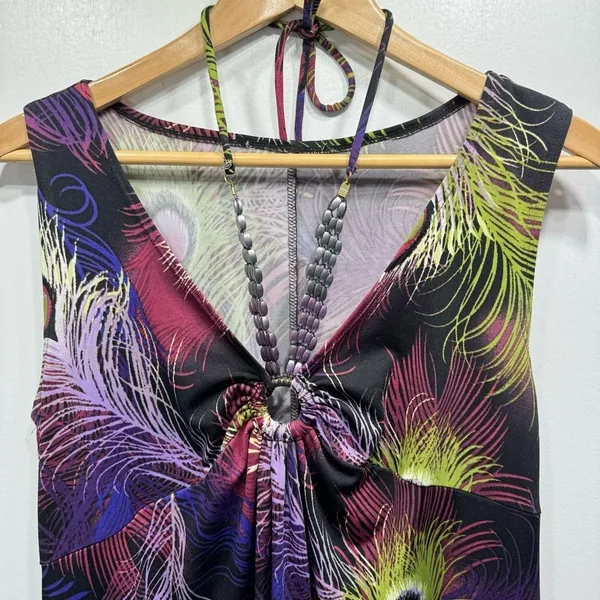 Peacock Feather Shift Dress with Embellished Neckline Sleeveless Size Medium - Image 3