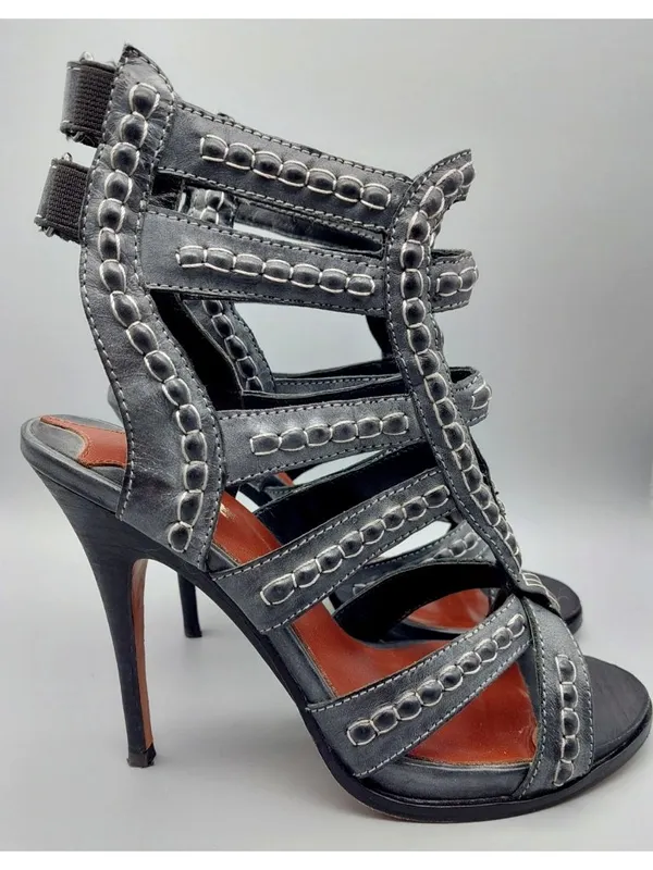 Leon Max All Leather High Heel 4.75" Tall Gray Strappy Shoes Size 8M Sexy - Image 5