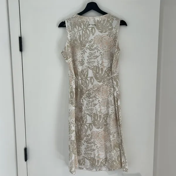 Columbia PFG Sundress Medium Tan Floral Tropical Leaf Cotton V-Neck Midi Dress - Image 2