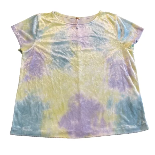 Free People Top Womens XL Pastel Tie Dye Velvet Boho Short Sleeve Raw Hem Tee - Image 2