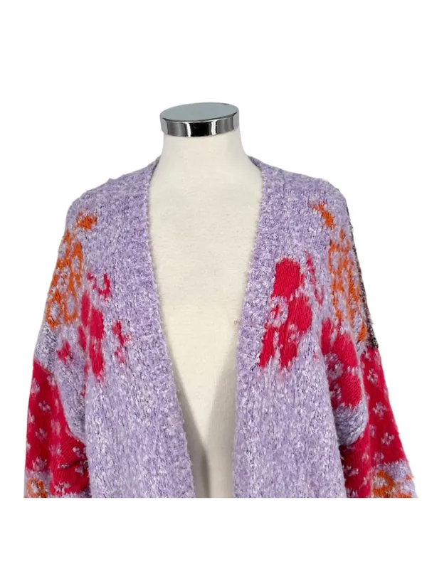 Altar'd State Casey Purple Floral Open Front Fuzzy Cardigan Sweater Size Small - Image 2