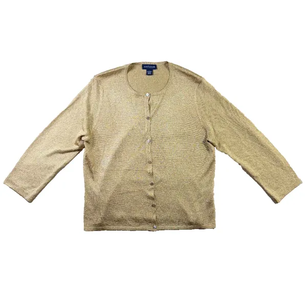Ann Taylor Gold Shimmer Knit Crewneck Cardigan Sweater Women's Large EUC - Image 4
