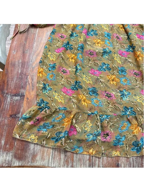 Rapsodia Boho Floral Mini Dress Square Neck Gold Beaded Trim Size S Puff Sleeve - Image 4