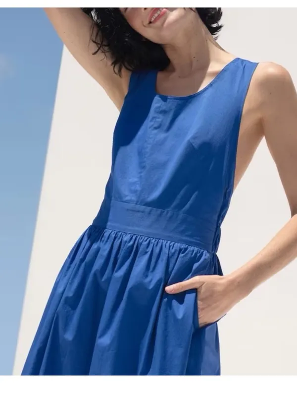 Everlane Clean Cotton Cross-Back Midi Dress Azure Blue Ooen-back Sundress 2 - Image 3