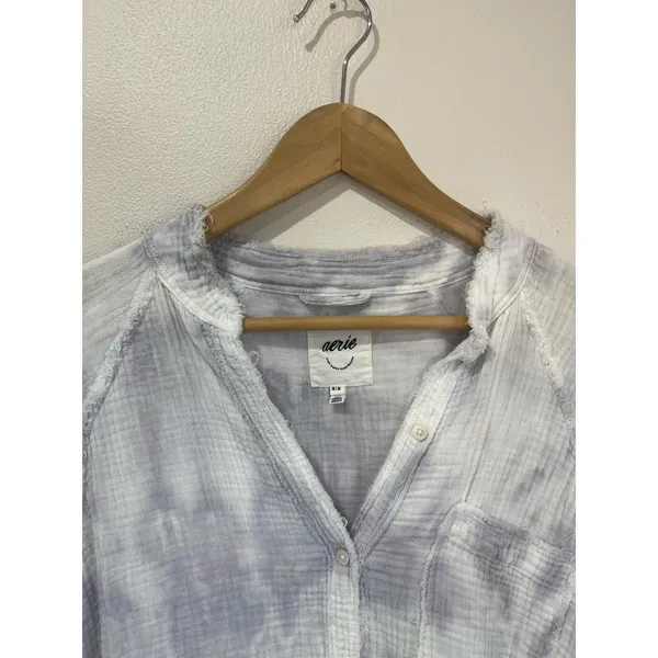 Aerie Blue Gray Tie Dye Button Front‎ Cotton Oversized Shirt Size M - Image 3