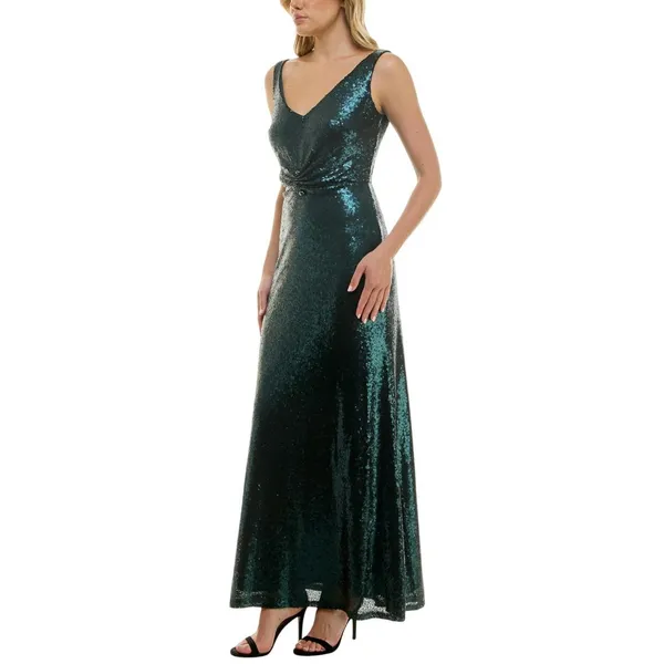 NWT Taylor Stretch Mesh Sequin Cinched Waist Gown Dress Bottle Green 2 - Image 4