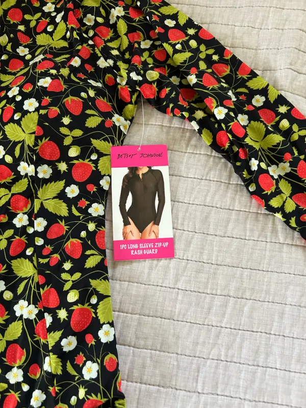 Betsy Johnson one piece, black strawberry, print, zip long sleeve swimsuit L nwt - Image 2
