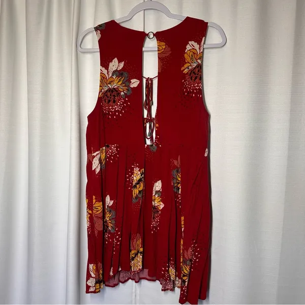 Free People Lovely Day Red Floral Tie Front Tunic Mini Dress S Boho Flowy Boxy - Image 6