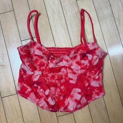 Stradivarius Red Floral Mesh Corset Top Bralette Size Small - Image 2