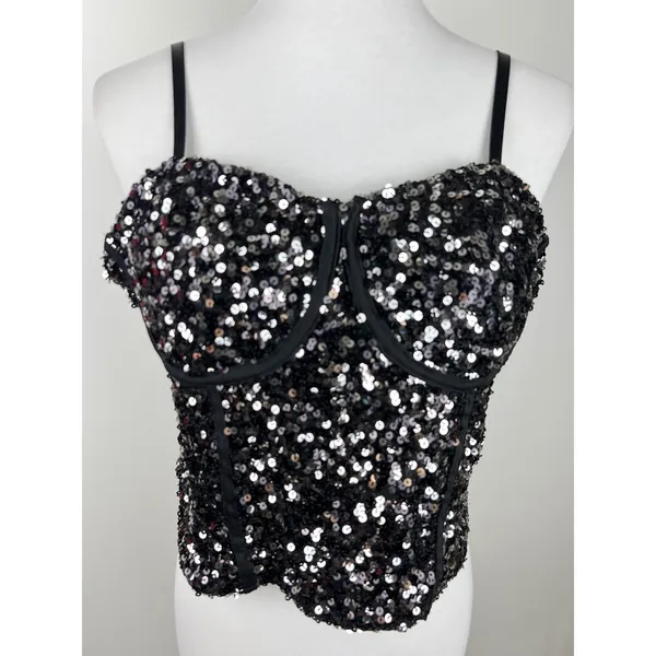 Sequin Corset Bustier Top Underwire Adjustable Straps Black Silver M Size M - Image 13