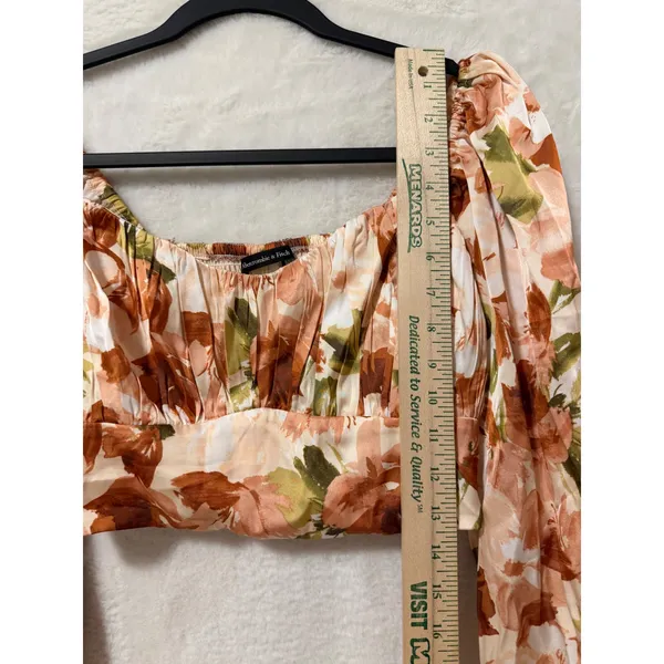 Abercrombie & Fitch Floral Satin Crop Top Medium Long Sleeve Blouse Orange - Image 2