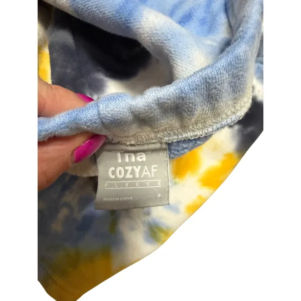 Tna Aritzia‎ CozyAF Fleece Tie Dye Sweat Shorts Blue Yellow Women Small - Image 4