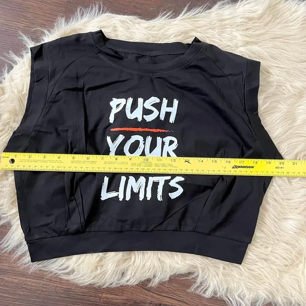 Black cotton "Push Your Limits" Graphic Muscle Tee Crop Top L - Image 5