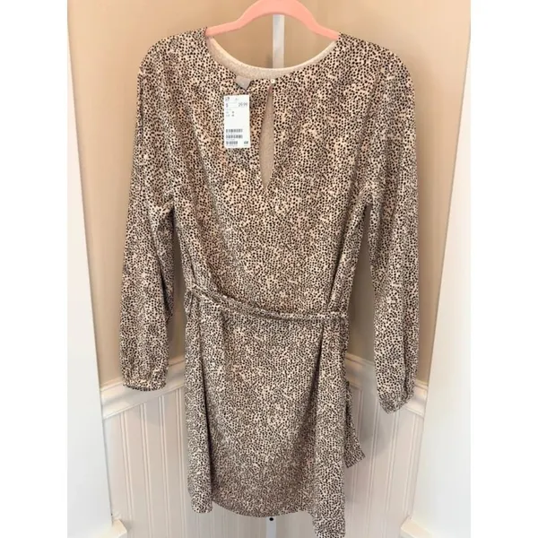 H&M Animal Print Tie Waist Long Sleeve Mini Dress Tan Black Size 10 NWT - Image 3