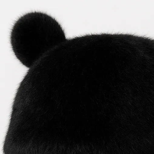Black Faux Fur Teddy Bear Ear Beanies – High Quality Winter Hat 🐻 - Image 2