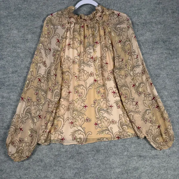 White‎ House Black Market Size-L Ruffle Neck Blouse Lush Lace Gold Floral - Image 2