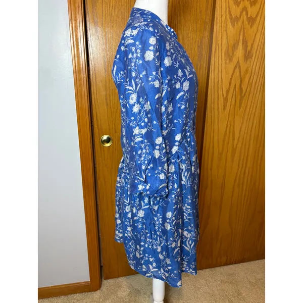 Tuckernuck Limoges Floral Royal Blue Shirt Dropped Waist Mini Dress Size M - Image 6
