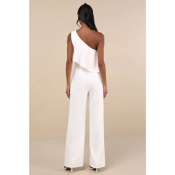 Lulus Flawless Vibes White One-Shoulder Tiered Wide-Leg Jumpsuit Classy Small - Image 4