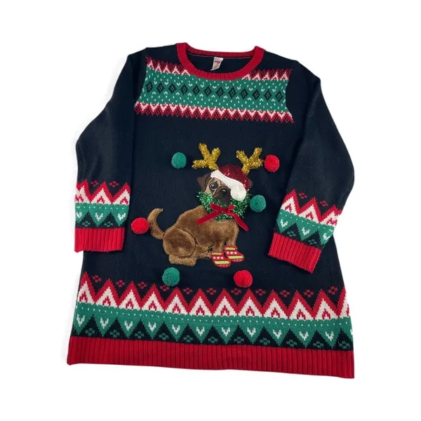 Holiday Time‎ Women Ugly Christmas Sweater Dress Pug Reindeer Holiday Fun 14W - Image 2