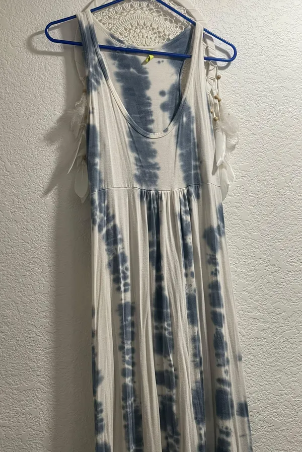 Natural Tie Dye COTTON Maxi Dress Blue/White Women's sz M Boho Style Made in CA - Image 8