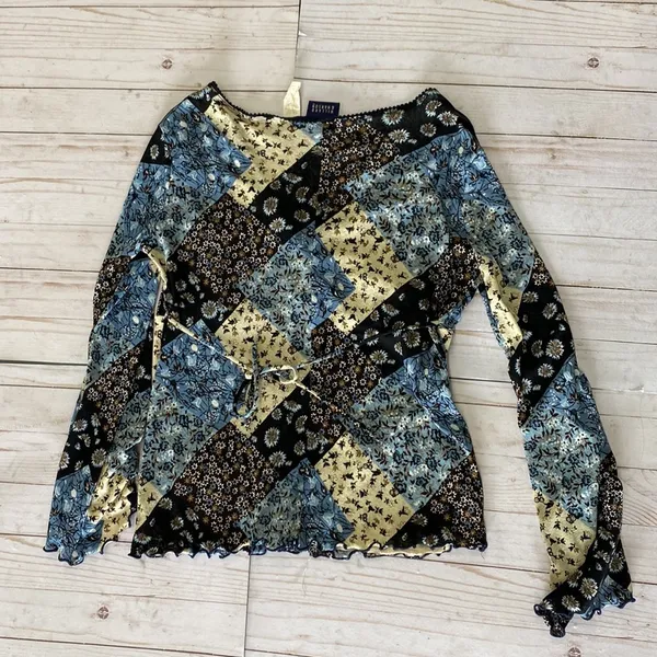 Y2k vintage boho floral patchwork blouse long sleeve blue brown tan large - Image 6