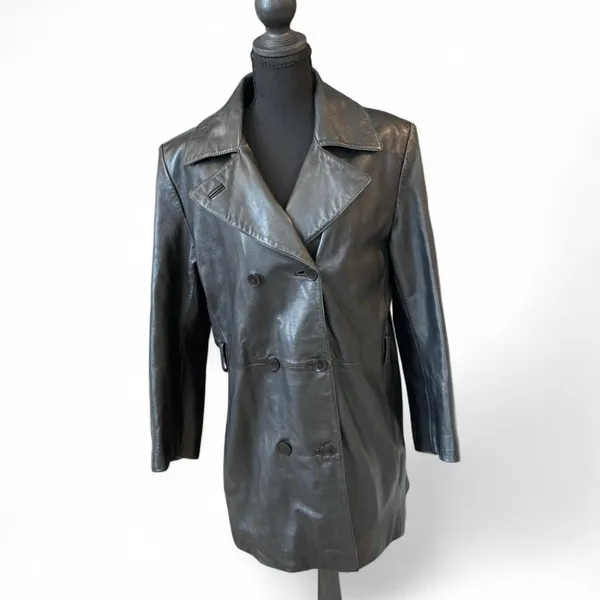 Wilson’s Leather Vintage Pelle Studio Black‎ Leather Trench Coat Double Breasted Women’s - Image 2
