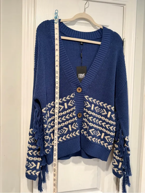 NWT FRYE Size M Blue Cream Fair Isle Fringe Cotton Button Cardigan Sweater Boho - Image 9